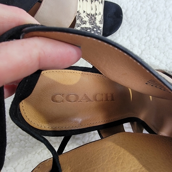 Coach Minetta Heeled Sandal With Snakeskin Style Q9138 Suede Black Tan Size 8 - Picture 5 of 7